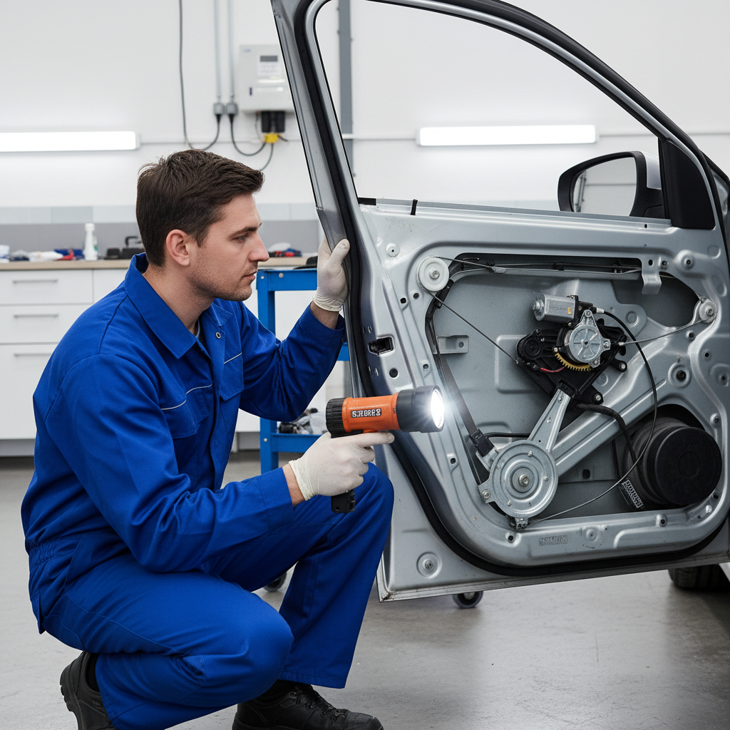 Technician checking power window regulator and track alignment inside car door