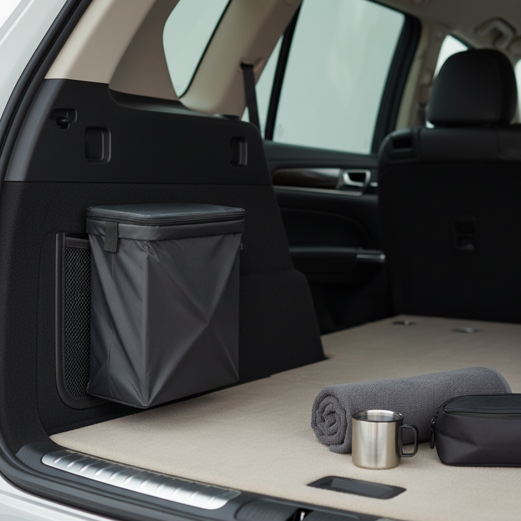 Compact foldable car trash can collapsed flat and stored in a trunk side pocket