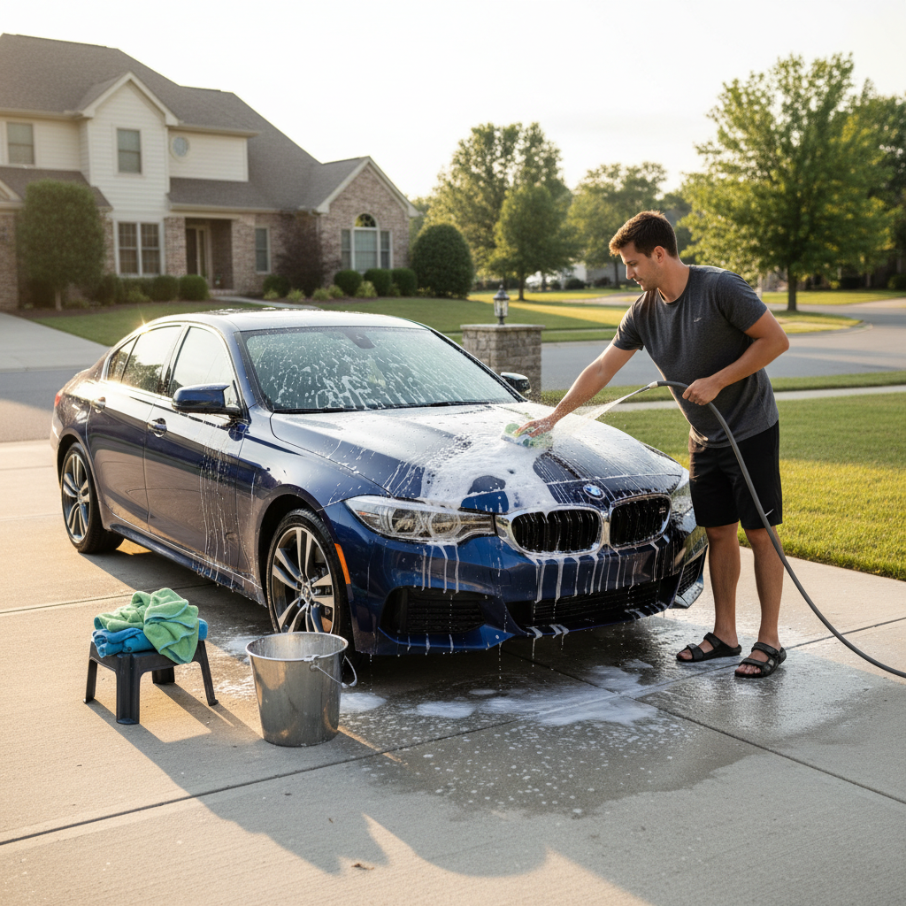 Car being hand washed with wash and wax soap in a driveway
