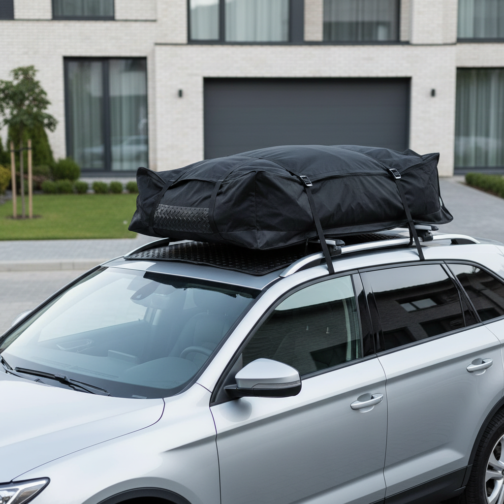 SUV with roof cargo bag and non slip mat under straps