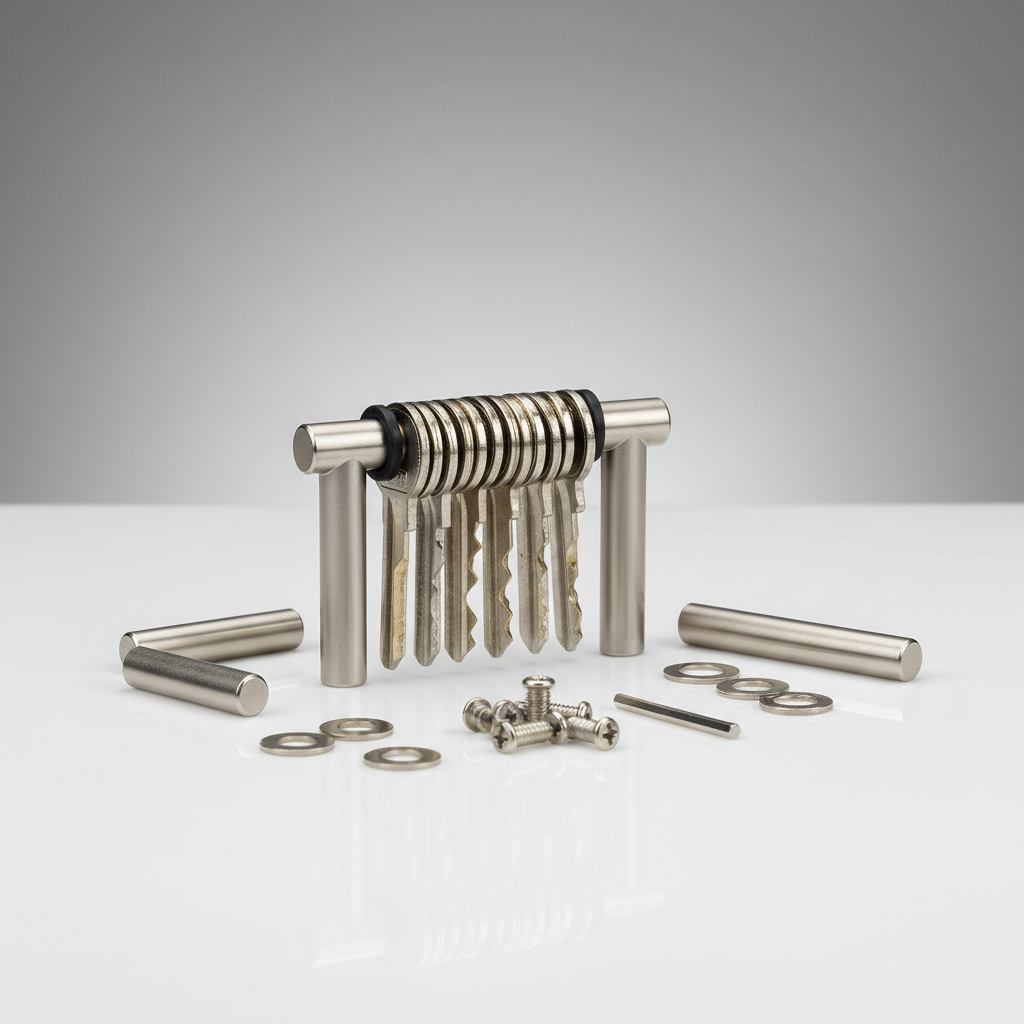 Key organizer hardware with screws washers and spacers laid out for setup