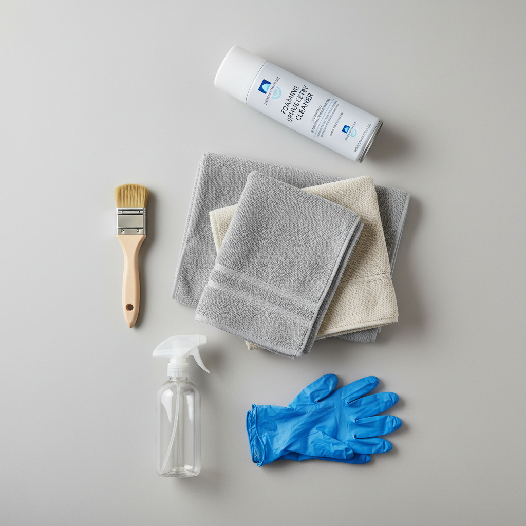 Car headliner cleaning supplies laid out: microfiber towels, soft brush, foaming upholstery cleaner