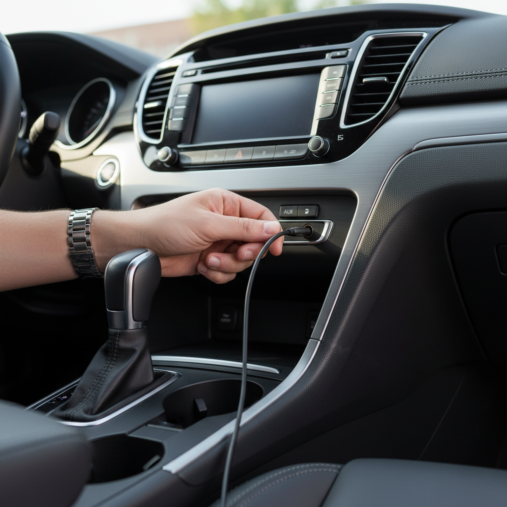 Driver checking AUX cable connection at car stereo aux port