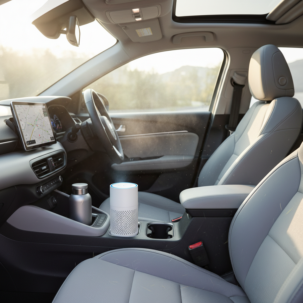Car interior with a small portable air purifier in a cup holder for pet hair and dander control