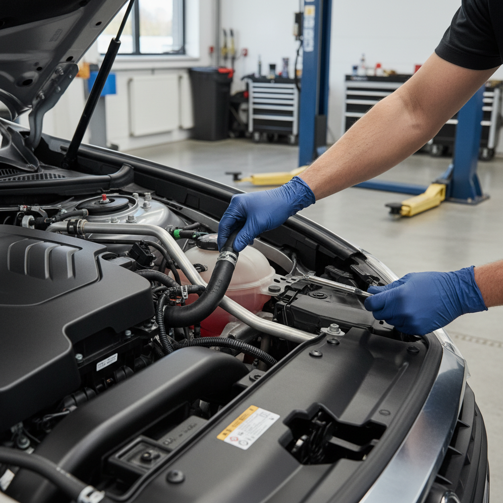 Mechanic inspecting heater hoses and coolant lines near the firewall