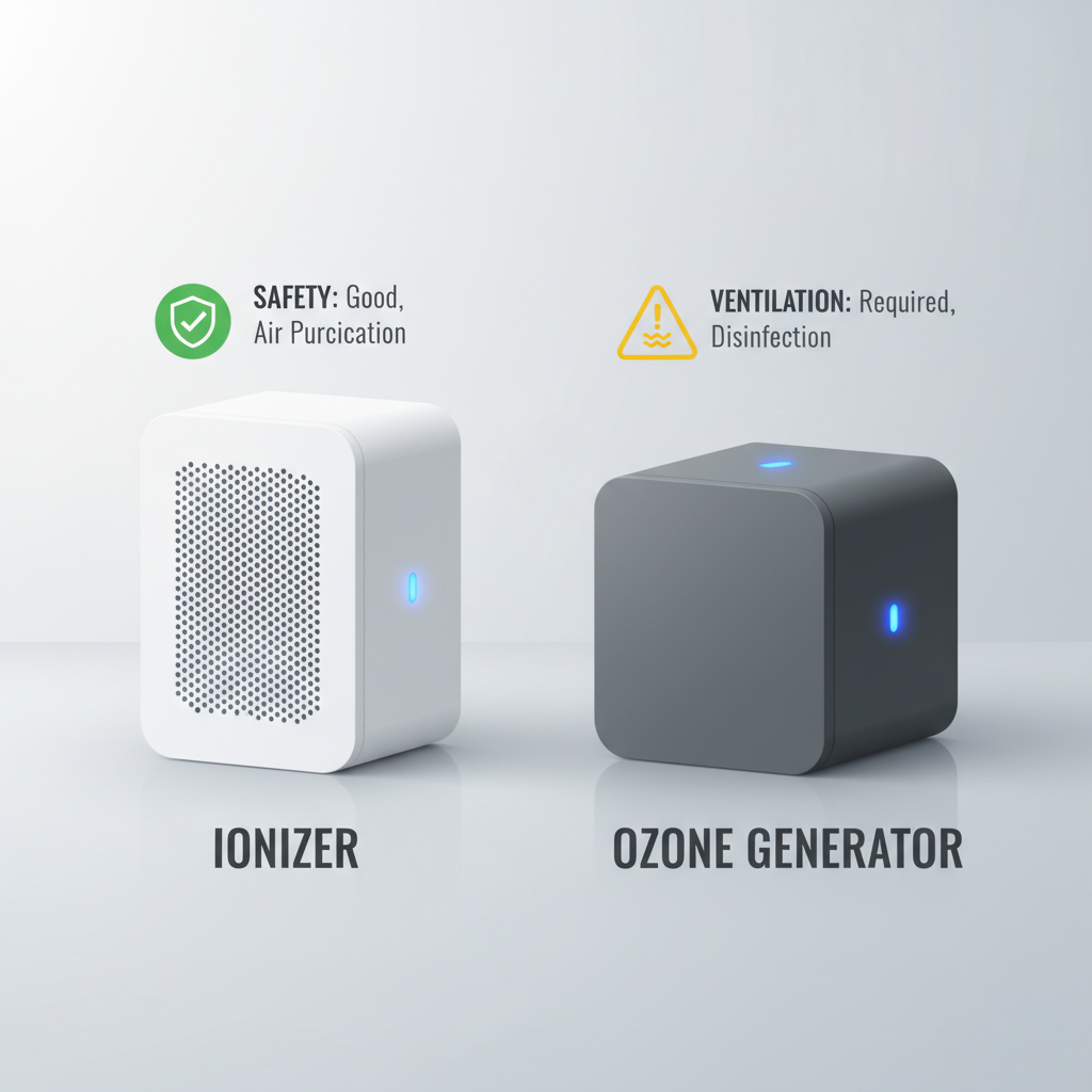 Comparison concept showing ionizer vs ozone generator labeling for car air cleaners