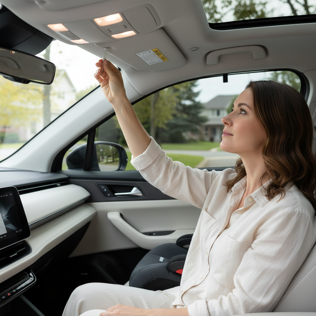 Parent checking rear visibility after installing a rear window sunshade