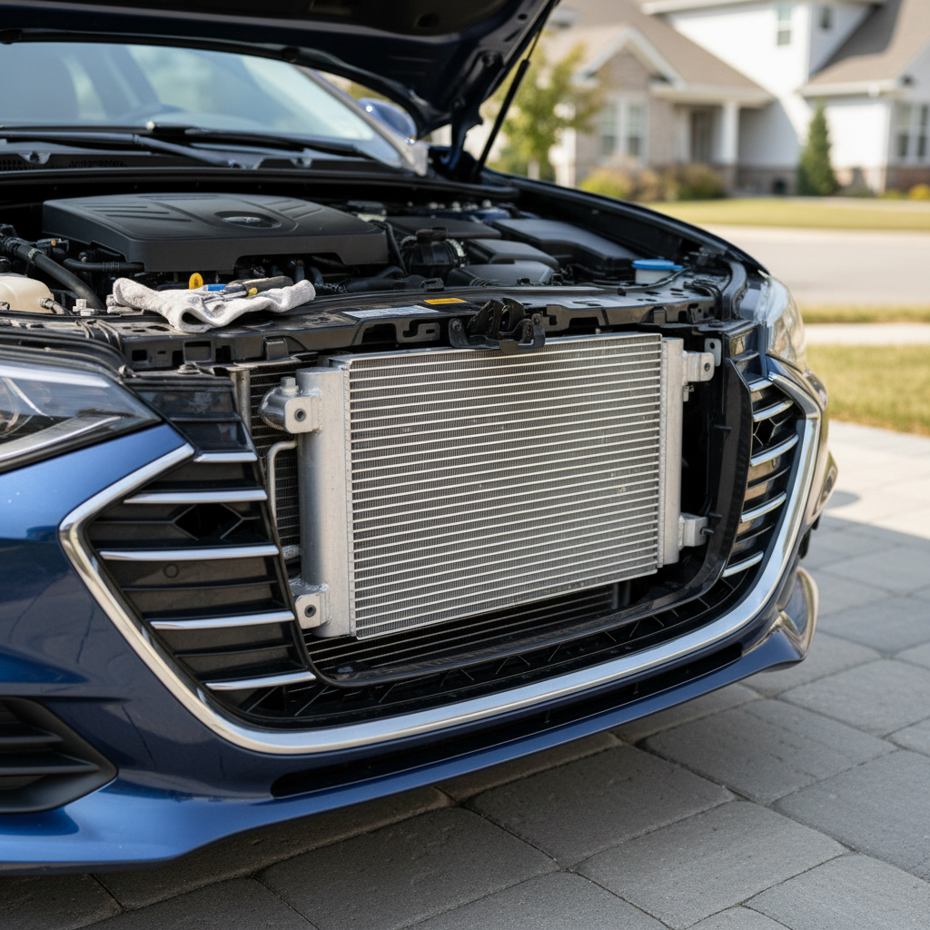 Open hood view showing radiator location and airflow path through condenser and radiator