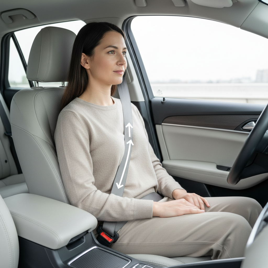 Correct seat belt fit showing lap belt on hips and shoulder belt across chest