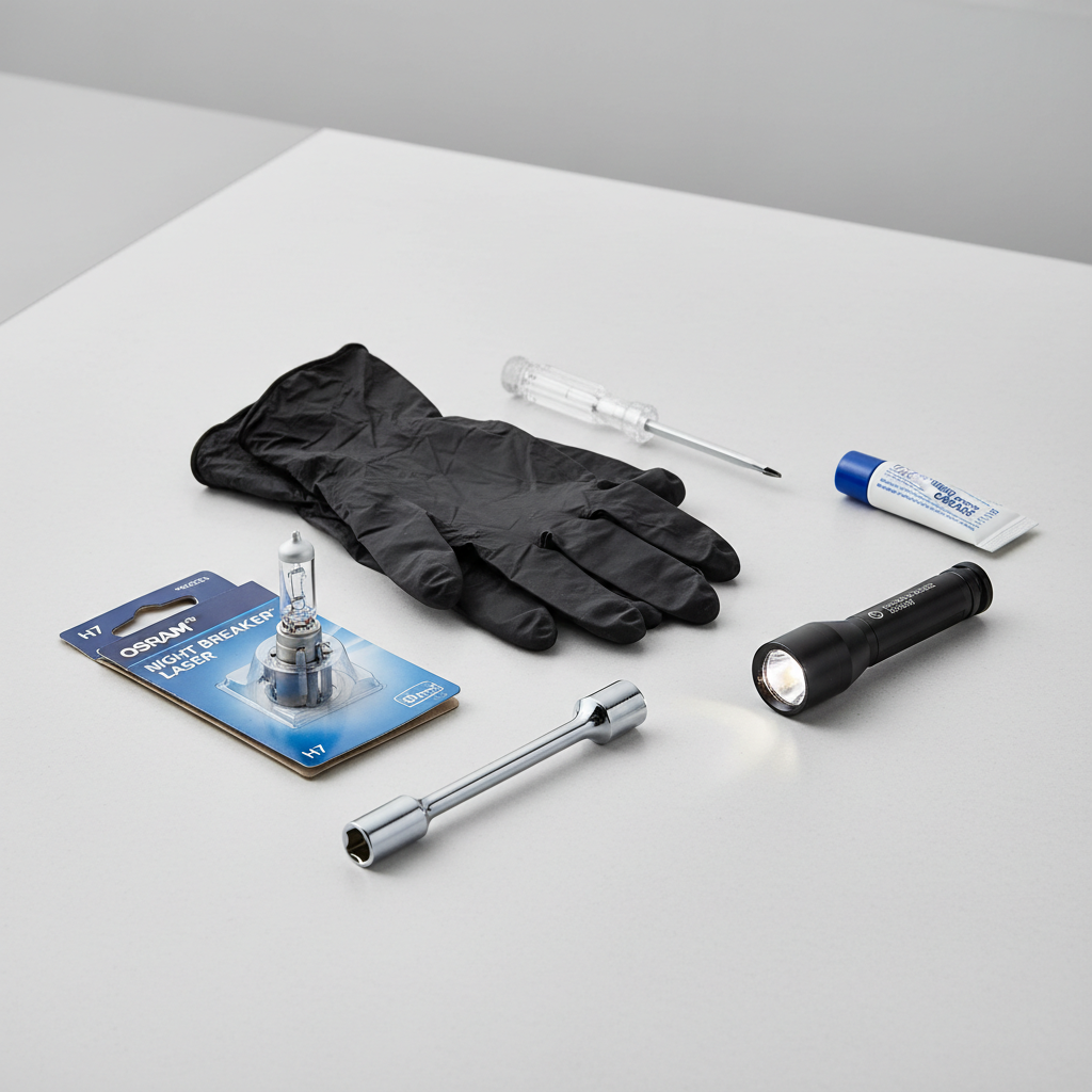 Headlight bulb replacement tools and gloves laid out on a workbench