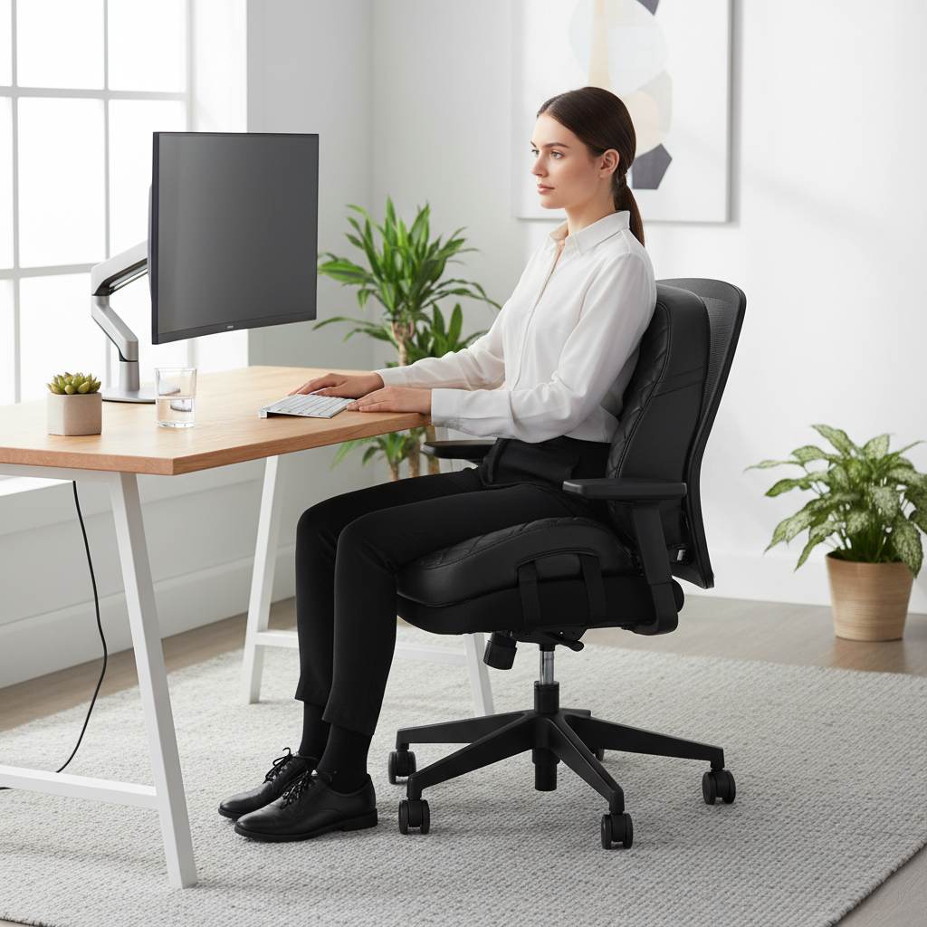 Office chair setup with a car seat cushion for back support and improved posture