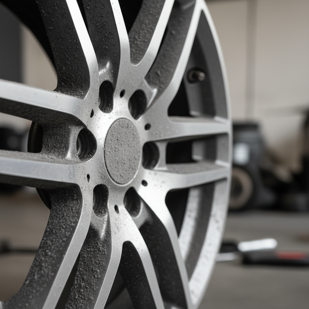 Close-up of brake dust on alloy wheel spokes before cleaning