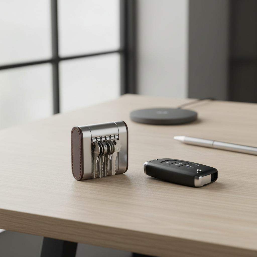 Quiet key organizer next to a car key fob on a clean desk setup