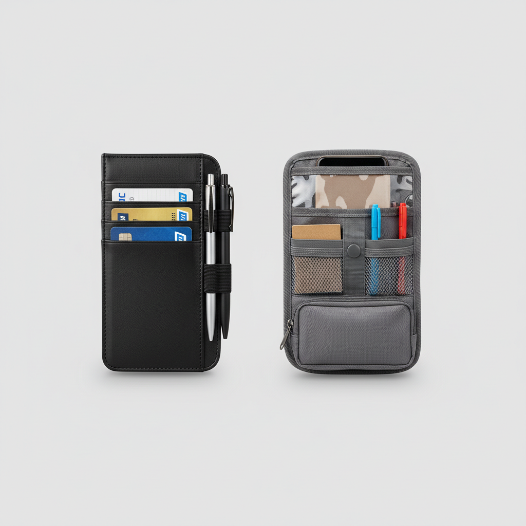 Comparison of slim versus multi-pocket sun visor organizer styles laid out neatly
