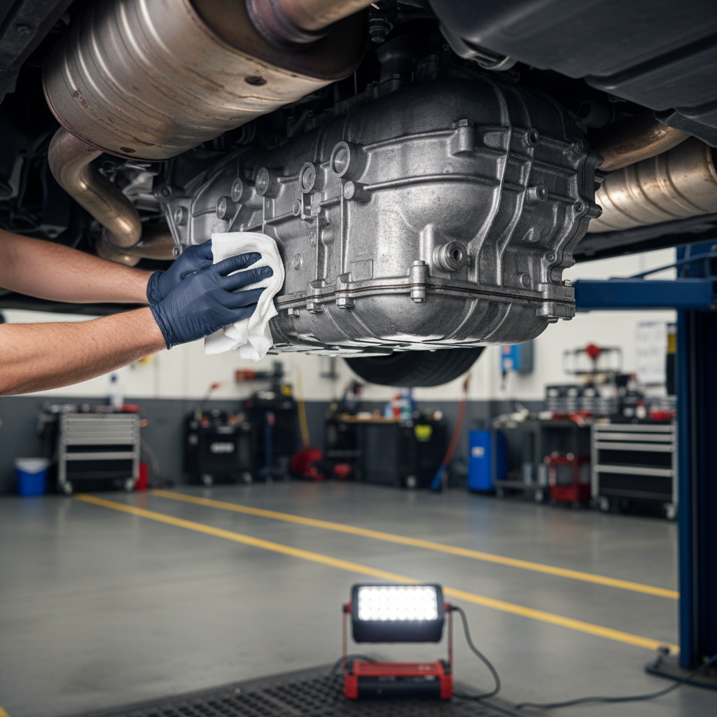 Mechanic cleaning transmission case and pan rail to trace leak source