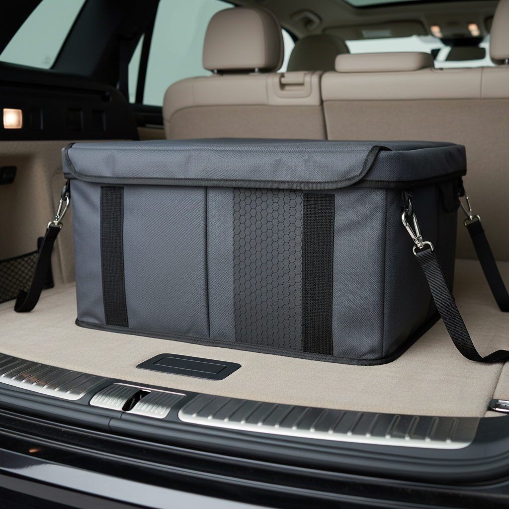 Close-up of non-slip bottom and cargo straps on a trunk organizer