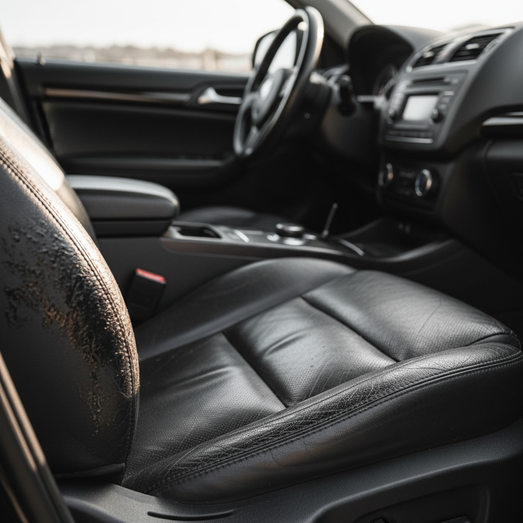 Car interior leather seat before cleaning with visible grime and shine