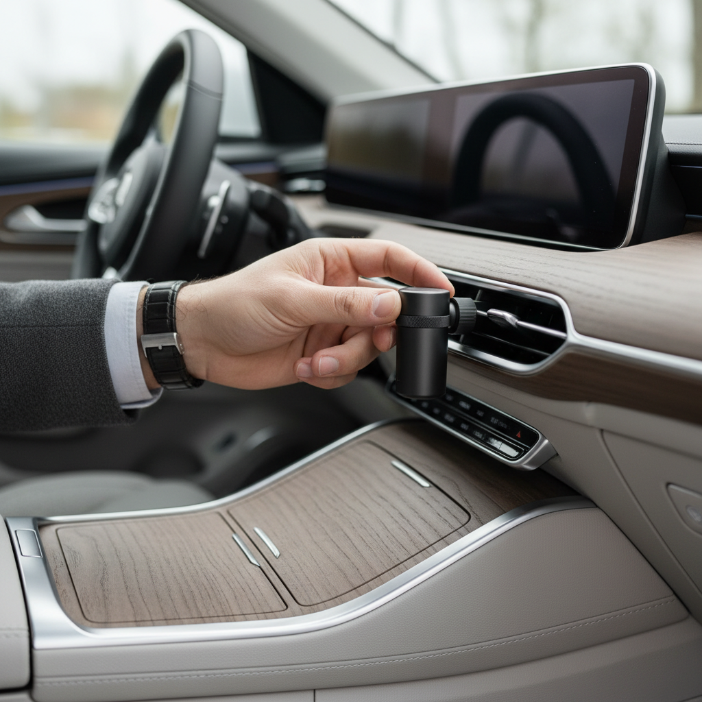 Driver choosing subtle natural car scent settings in a modern vehicle
