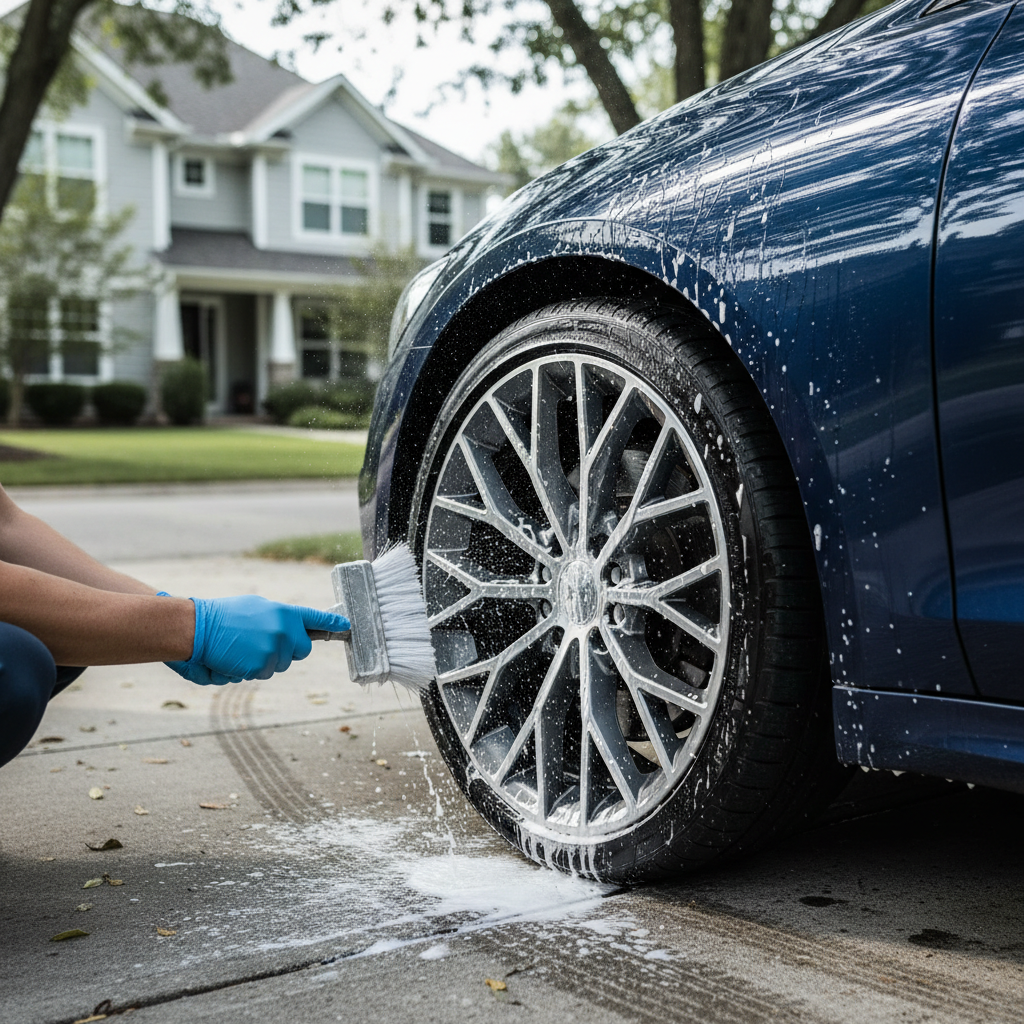 Hands cleaning a multi-spoke wheel with a soft brush and wheel cleaner in a shaded driveway