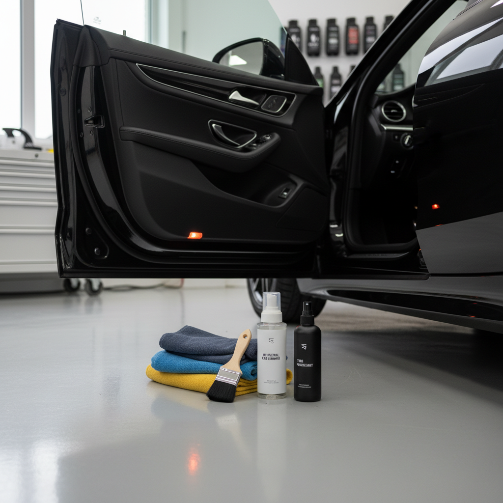 Detailing supplies next to black plastic exterior trim on a car