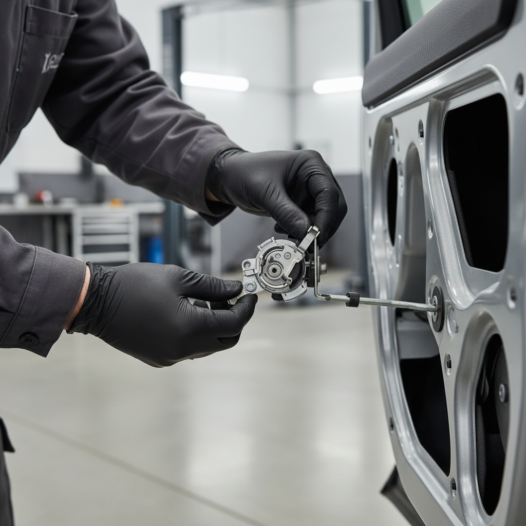 Mechanic checking door lock cylinder retaining clip alignment