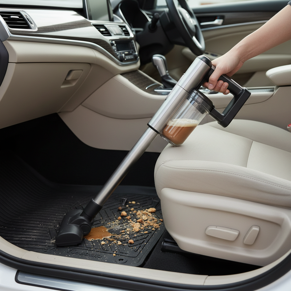 Portable wet and dry car vacuum cleaning spilled coffee and crumbs on car seat
