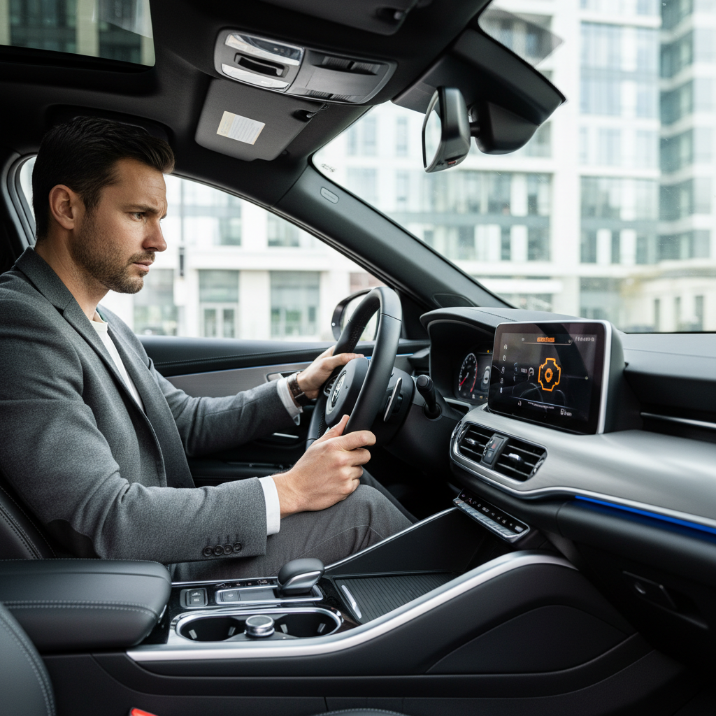 Driver noticing harsh gear shifts on dashboard with warning lights