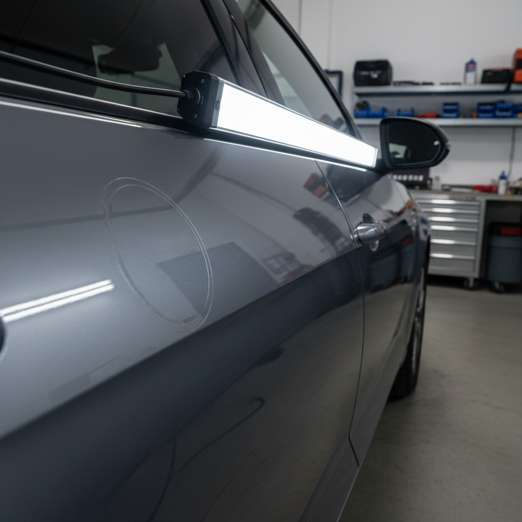 Close-up of car paint inspection under angled light showing decal outline versus clean panel