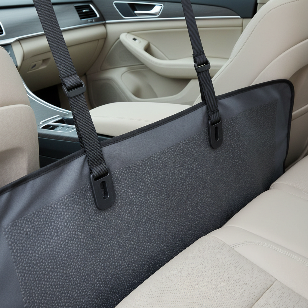 Close-up of dog seat cover non-slip backing and seat anchors in a car