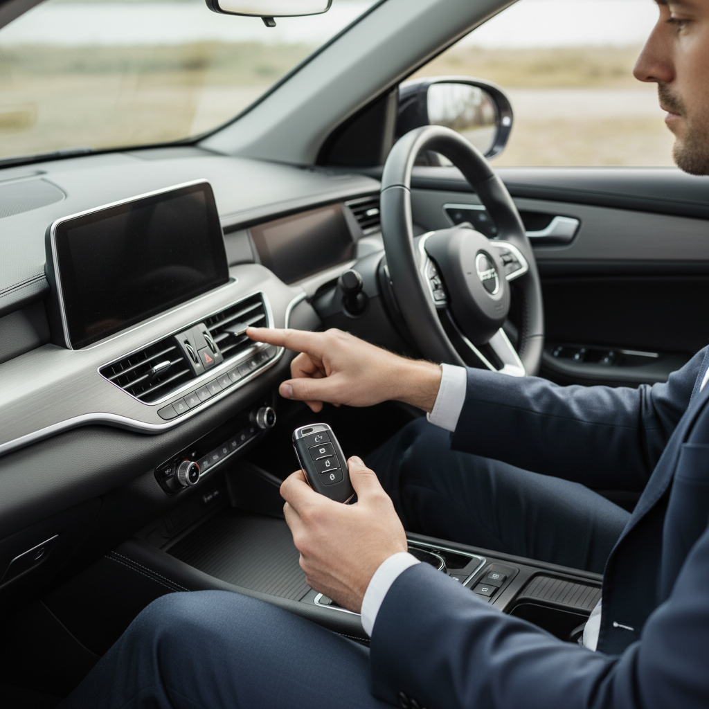 Driver testing power door lock switch and key fob inside car