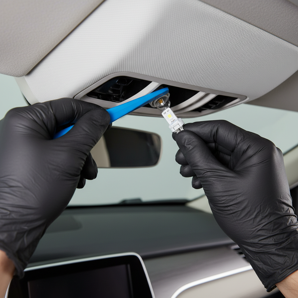 Installing LED interior bulb with plastic trim tool in car overhead console