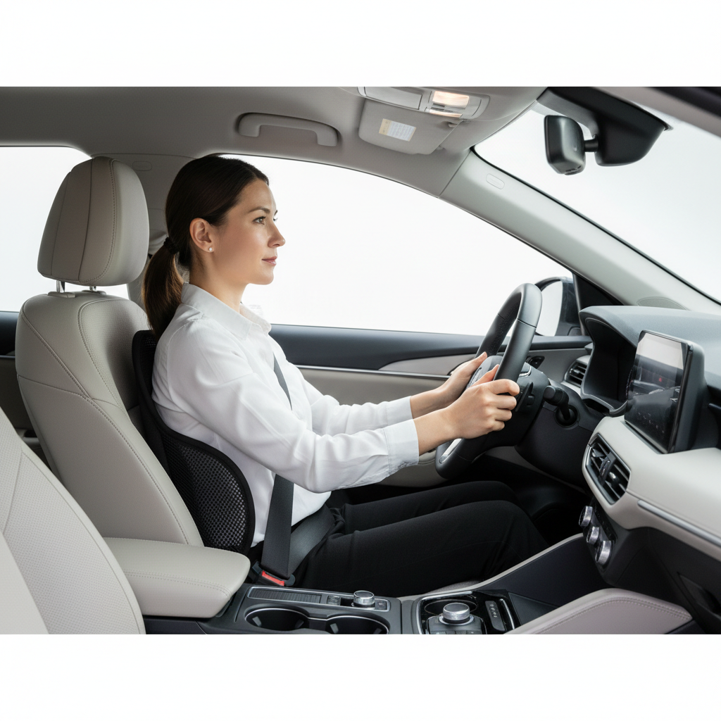 Driver seated with proper posture using an adjustable lumbar cushion and correctly positioned seatbelt