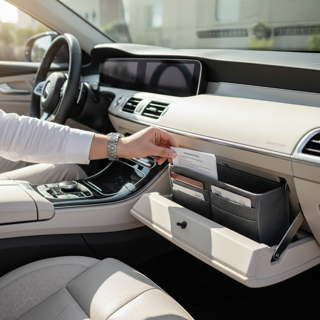 Driver placing registration and insurance card into a glove box document organizer
