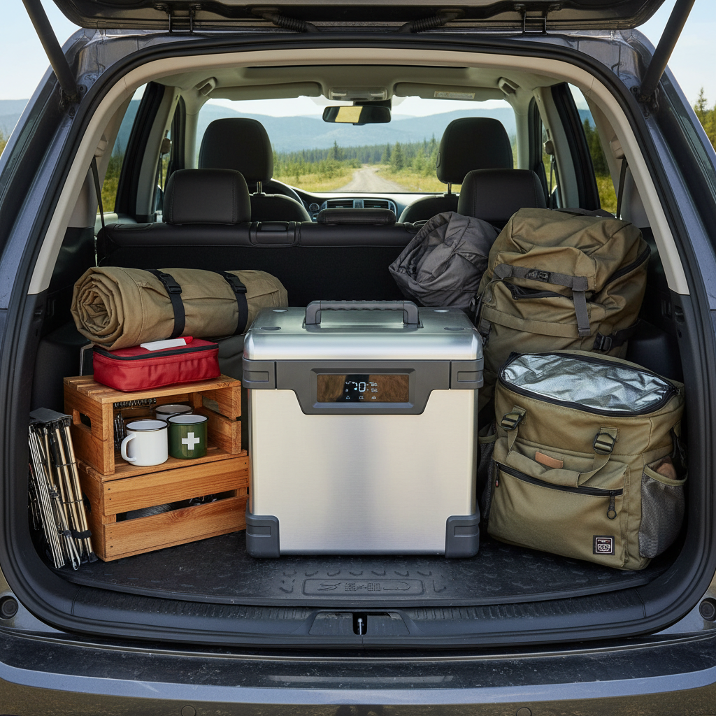 12V car portable fridge in SUV cargo area for road trip camping