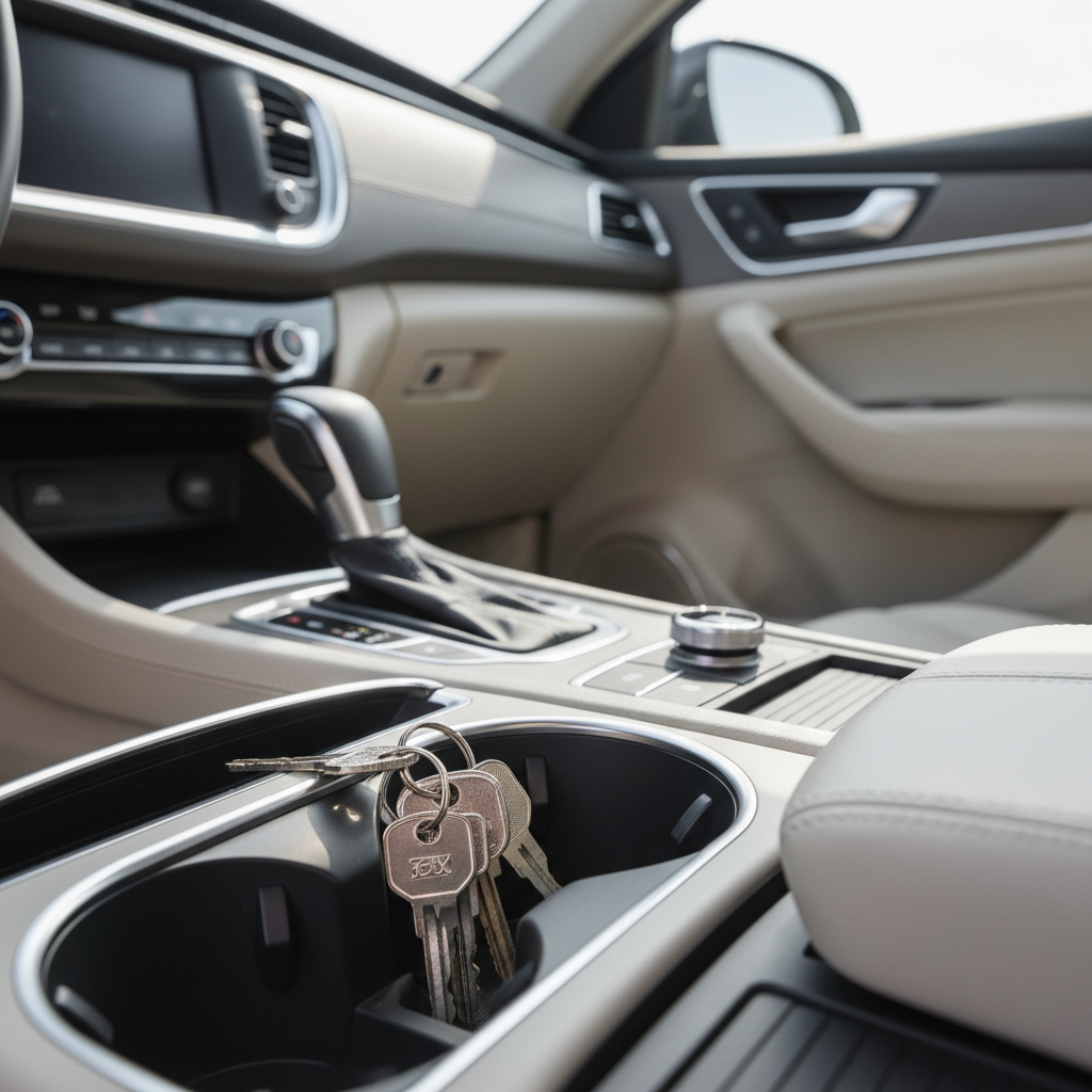 Car keys rattling in a cupholder before using a key organizer