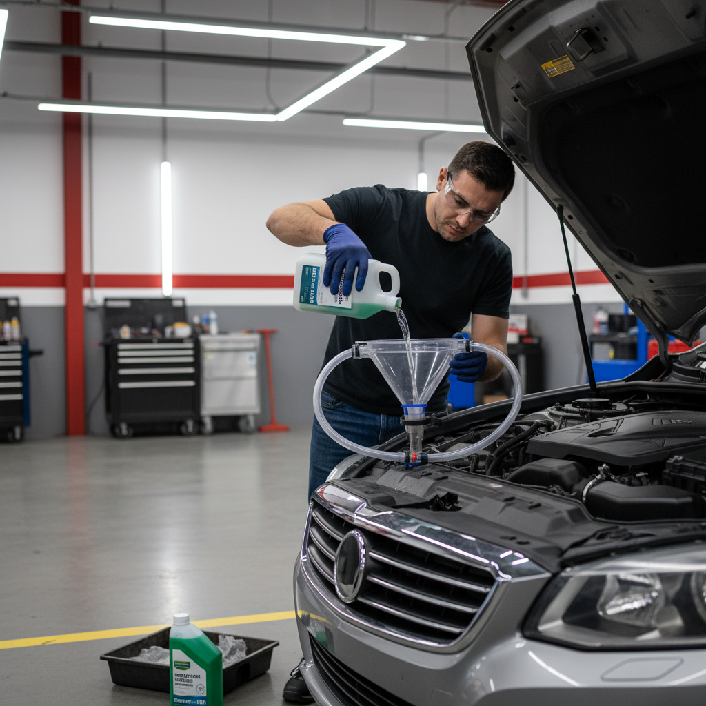 Mechanic using a spill-free funnel to bleed air while refilling coolant in a car radiator