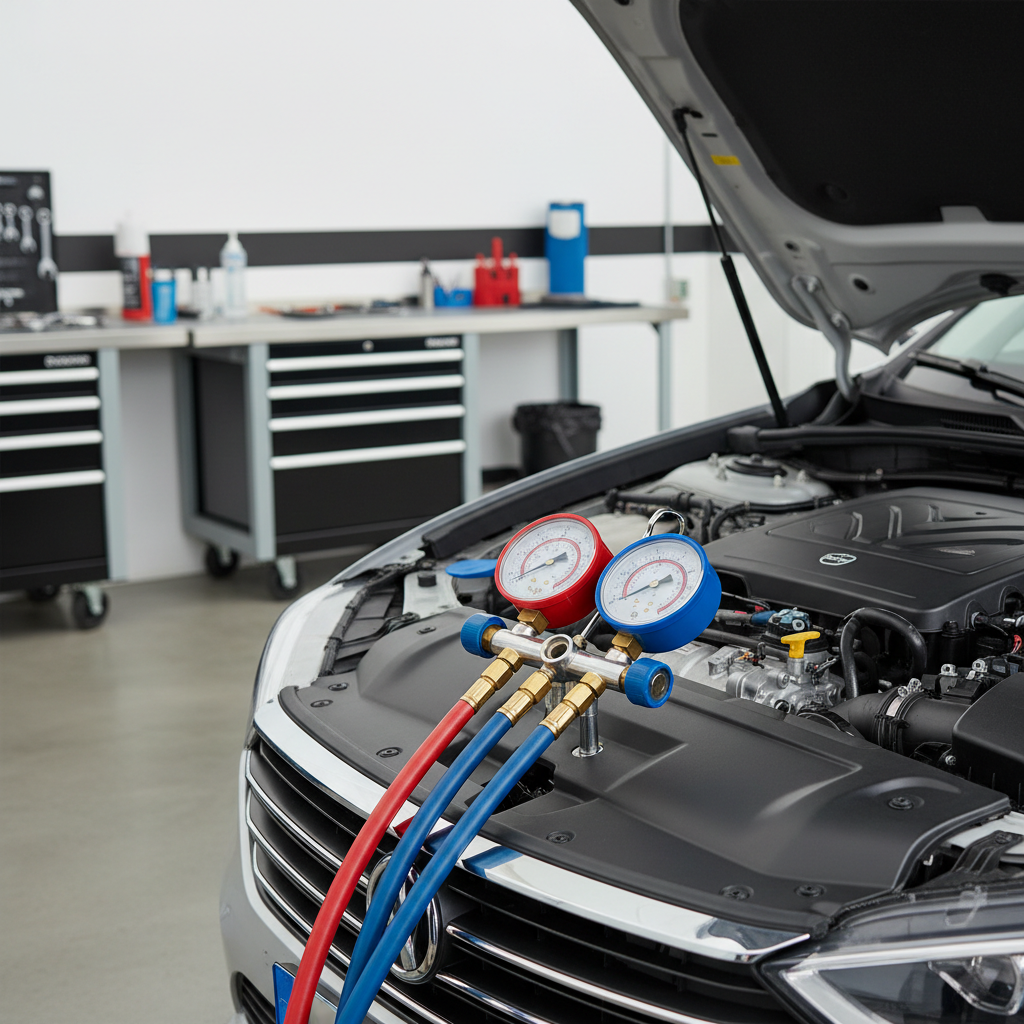 Manifold gauge set connected for car AC pressure diagnosis