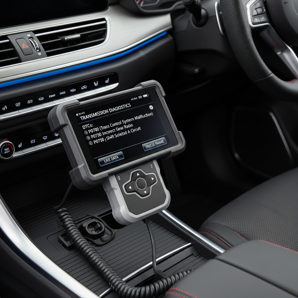 OBD-II scan tool reading transmission-related trouble codes in a car