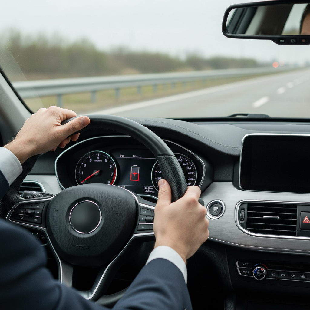 Driver checking car battery warning light and dashboard indicators