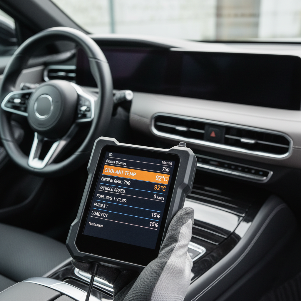 OBD2 scan tool showing live coolant temperature data