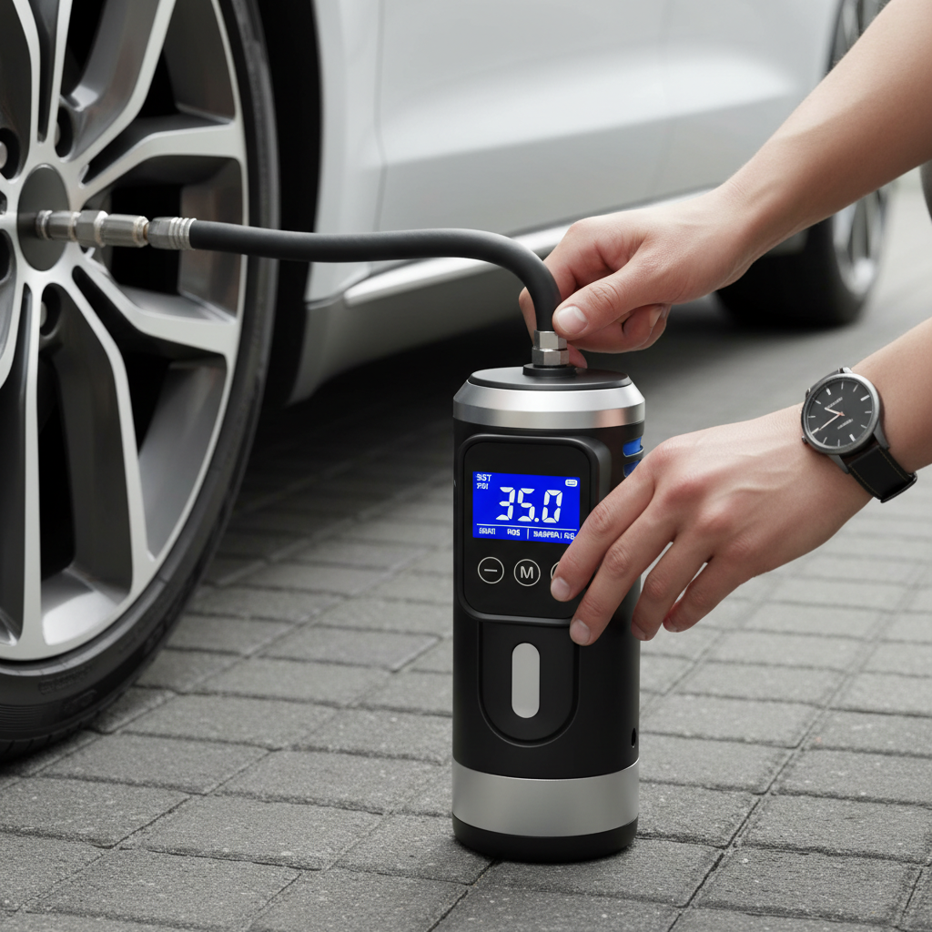 Driver using a digital tire inflator to set target PSI on a car tire