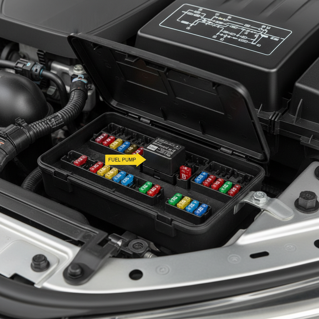 Under-hood fuse box with fuel pump relay highlighted for diagnosis