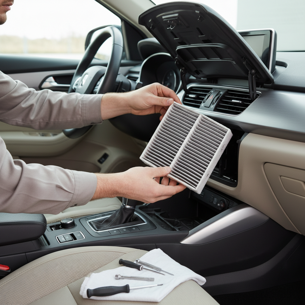 Replacing a car cabin air filter to reduce smoke and odor before using an ionizer