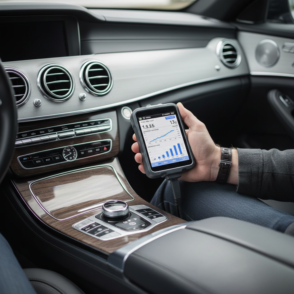 OBD-II scan tool showing fuel trim data for diagnosing black exhaust smoke