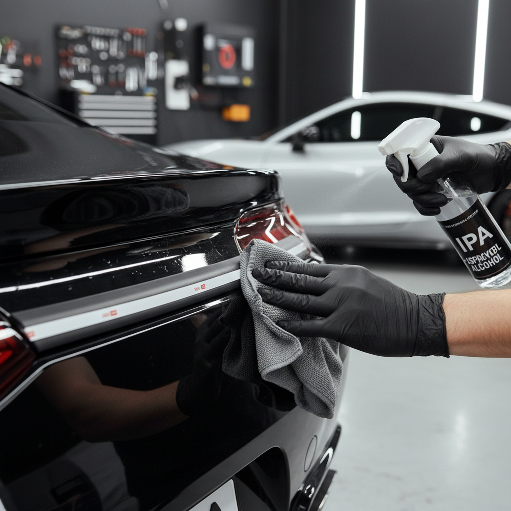 Applying a rear bumper protector strip with surface cleaning and alignment