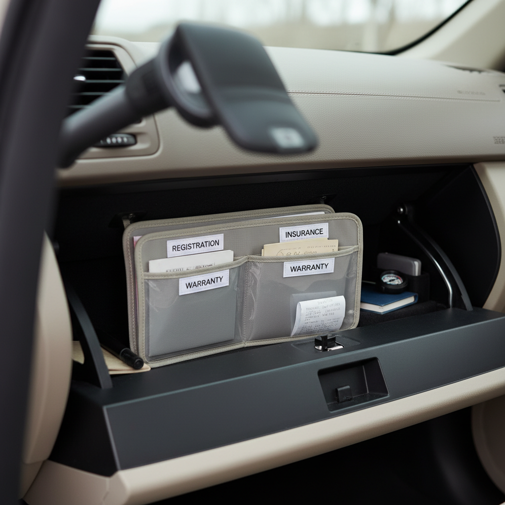 Glove box with organized registration and insurance documents in labeled pockets