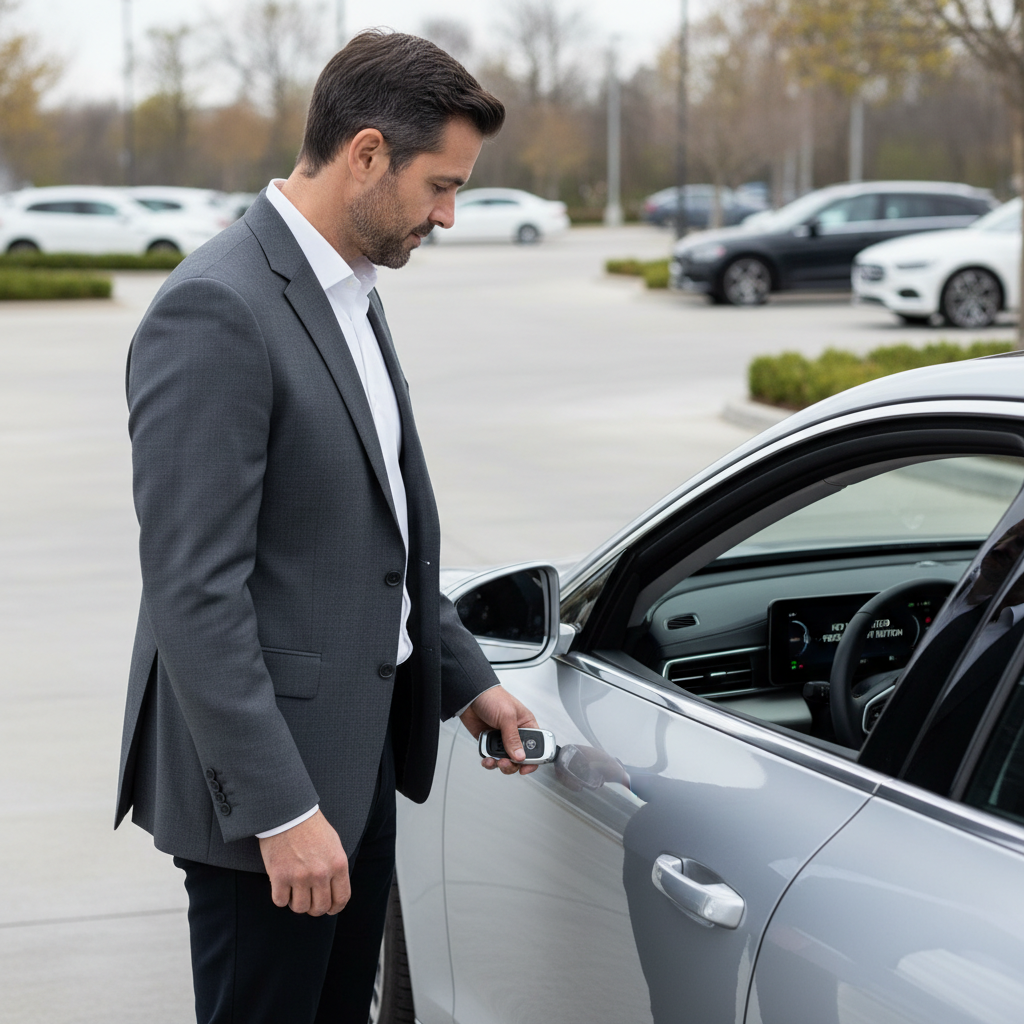 Driver testing key fob near car door and checking dashboard message