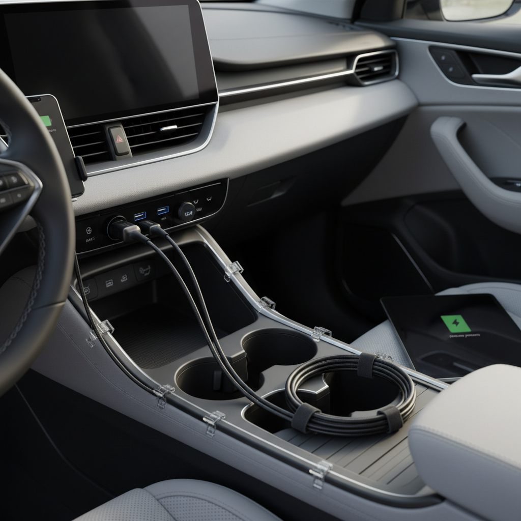 Organized car charging setup with multi-port charger and neatly routed USB-C cables