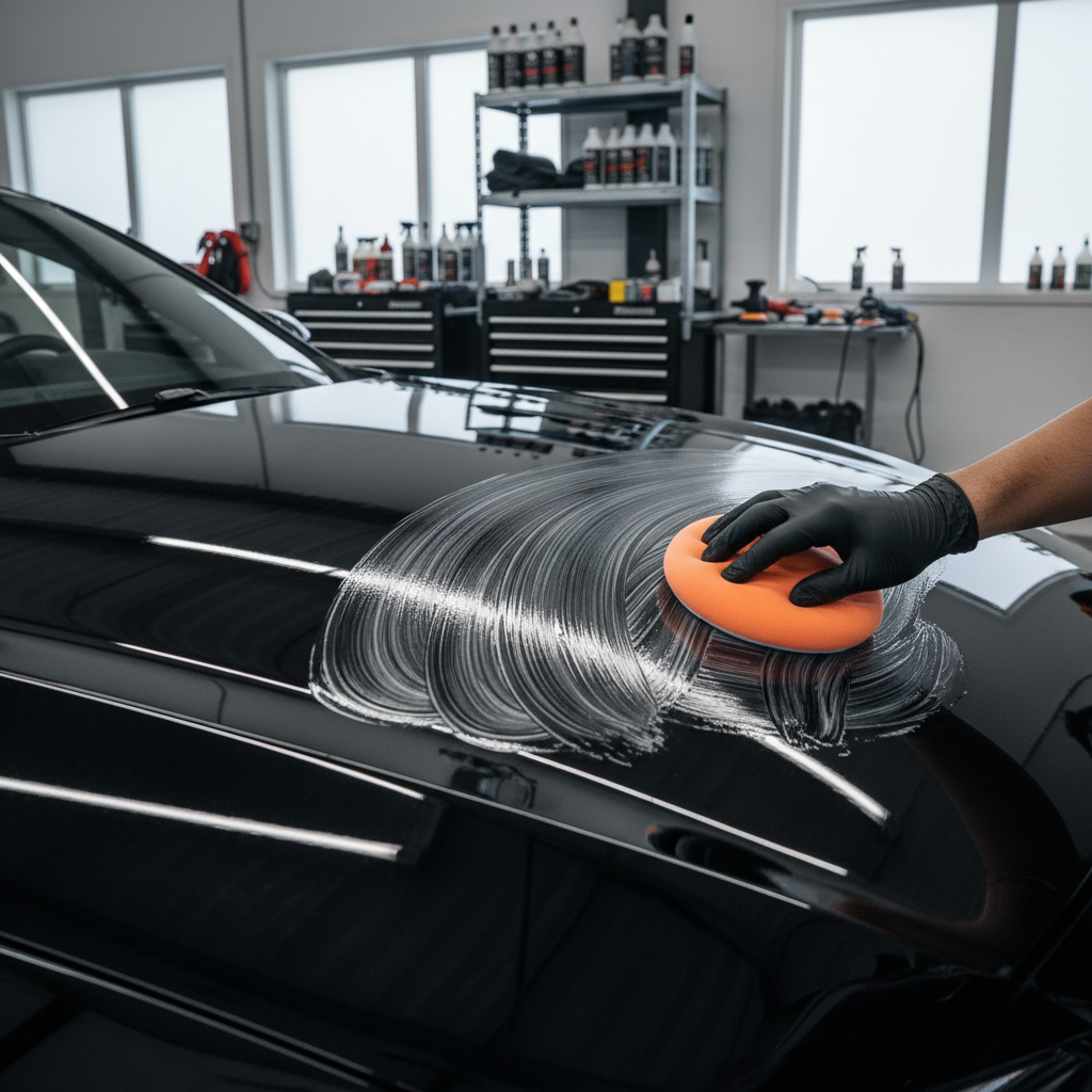 Applying paint sealant to a car hood with foam applicator in a clean garage