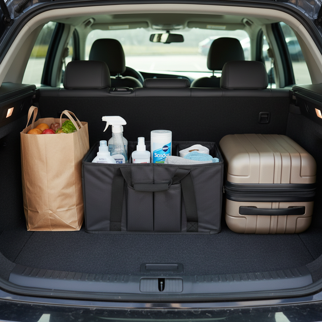 Organized trunk setup with separate zones for groceries, cleaning supplies, and luggage